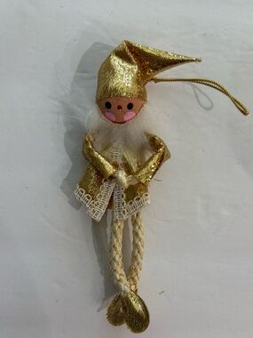 Vintage JAPAN Pixie Elf Christmas Ornament Gold 7 In